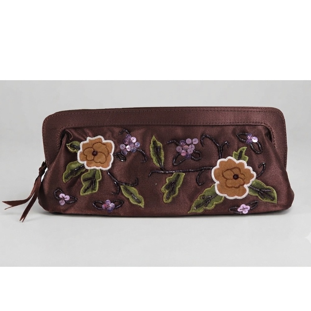Avon Brown Satin Floral Embroidered Clutch Bag Sequins Beaded Evening Purse Vtg